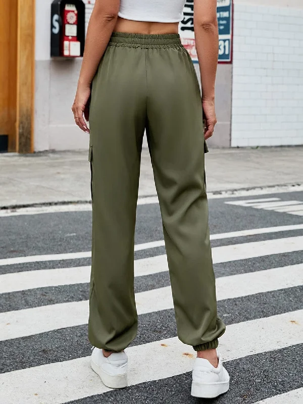 Versatile Cargo Pants with Elastic Waist and Culottes Style High-Waist Jogger Pants