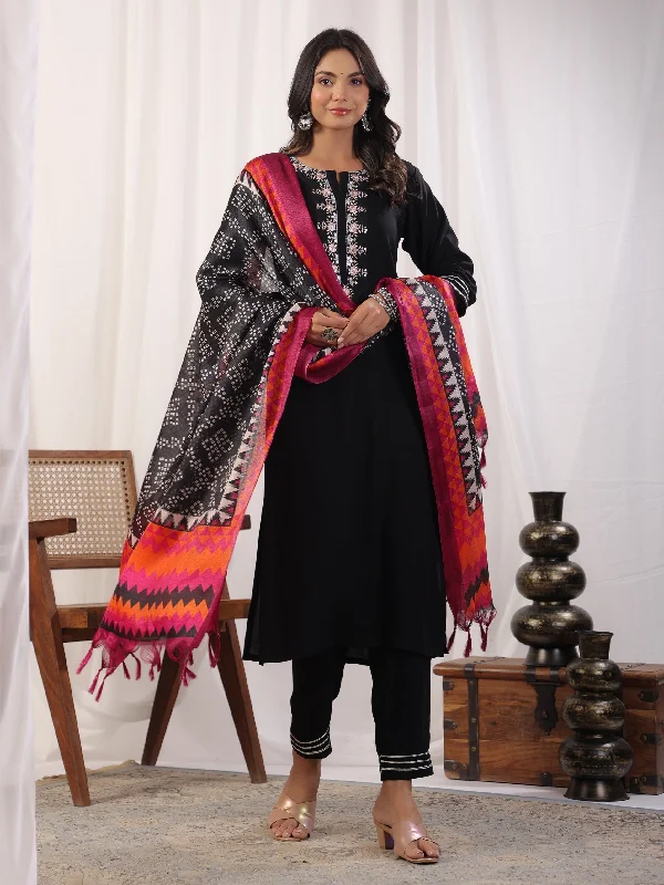 Women's Black Viscose Rayon Kurta With Pant And Duppata Set - Dwija Fashion Elegant Silk Pants