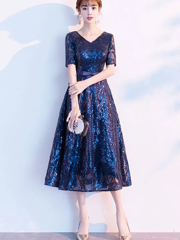 Sequined Blue V-neck A-Line Midi Party Dress Tunics Trousers formal