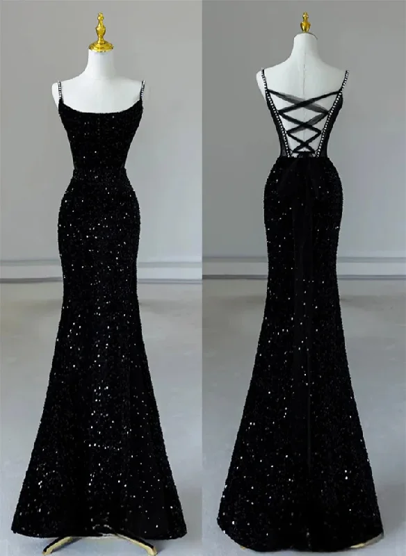 Black Spaghetti Straps Mermaid Sequined Long Party Dress, DP3610 Tunics Handmade artisanal