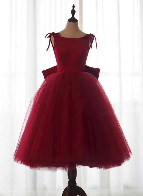 Charming Dark Red Tulle Vintage Tea Length Party Dress, Formal Dress with Bow, Lovely Party Dresses Tunics Plaid country
