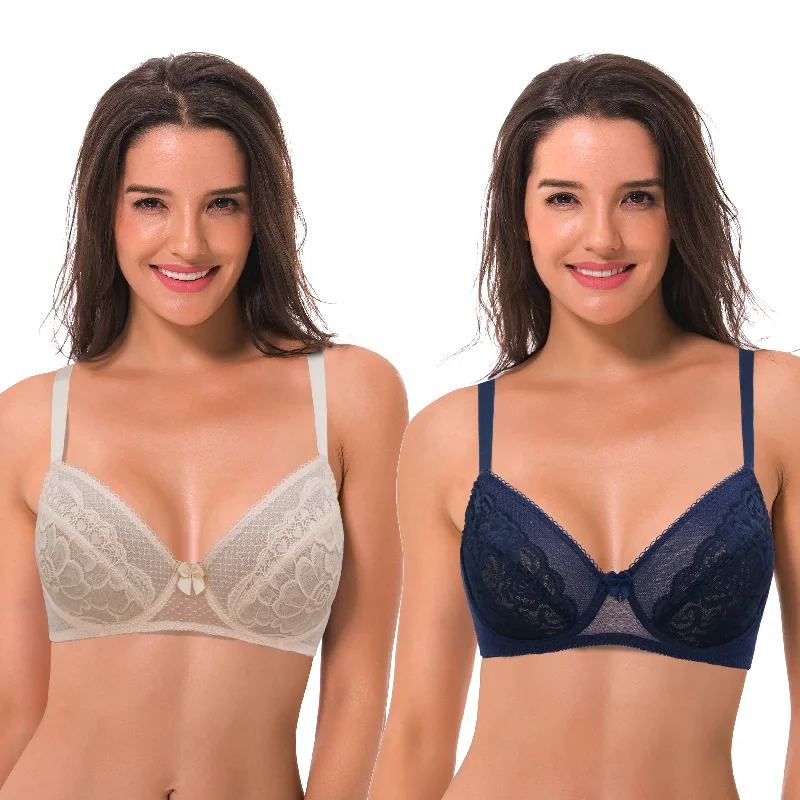Women's Plus Size Unlined Balconette Underwire Sheer Lace Bra High Support Bra