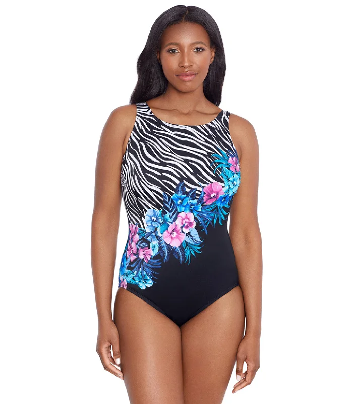 Longitude Women's Glamour Floral Panel Scoopeback High Neck One Piece Swimsuit Adjustable Strap Swimsuit