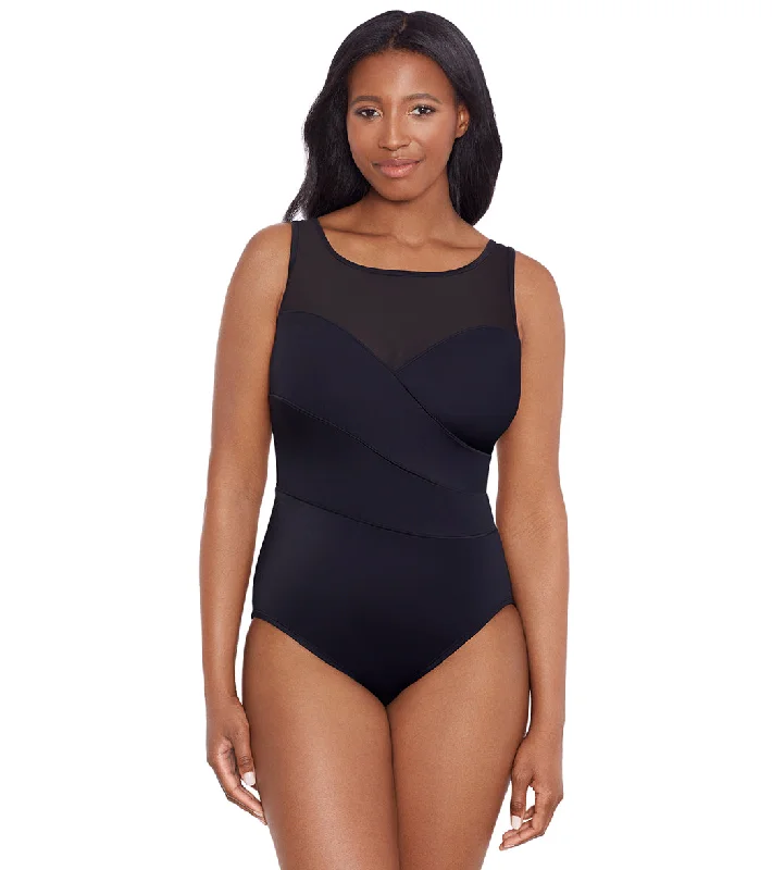 Longitude Women's Night Gala Mesh High Neck One Piece Swimsuit Black Playful Pattern Swimsuit